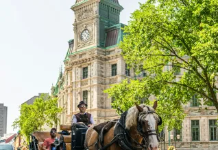 Hôtel du Parlement à Québec avec une calèche transportant une famille